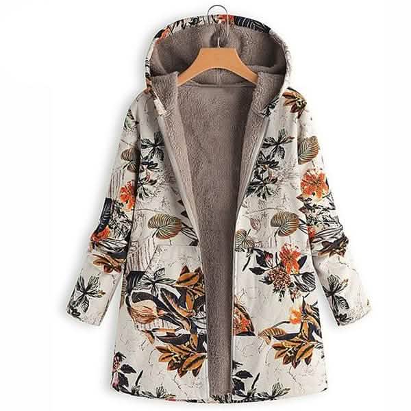 Women's Fashion Leaves Floral Print Fluffy Fur Hooded Long Sleeve Vintage Casual Coat DailySale