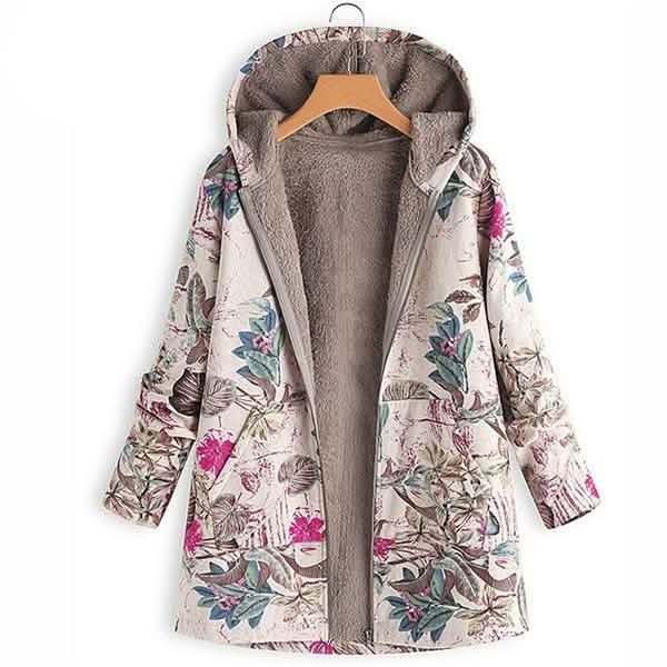 Women's Fashion Leaves Floral Print Fluffy Fur Hooded Long Sleeve Vintage Casual Coat DailySale