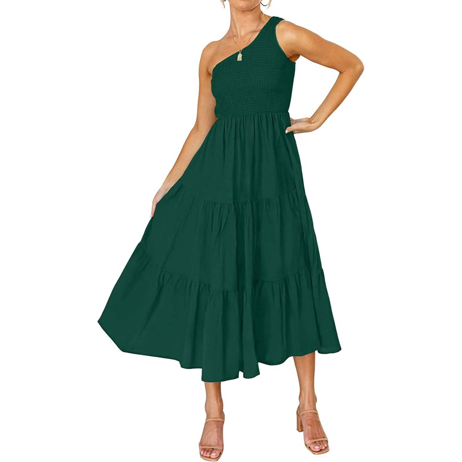 Womens One Shoulder Sleeveless Smocked Ruffle Tiered Beach Long Midi Dress DailySale