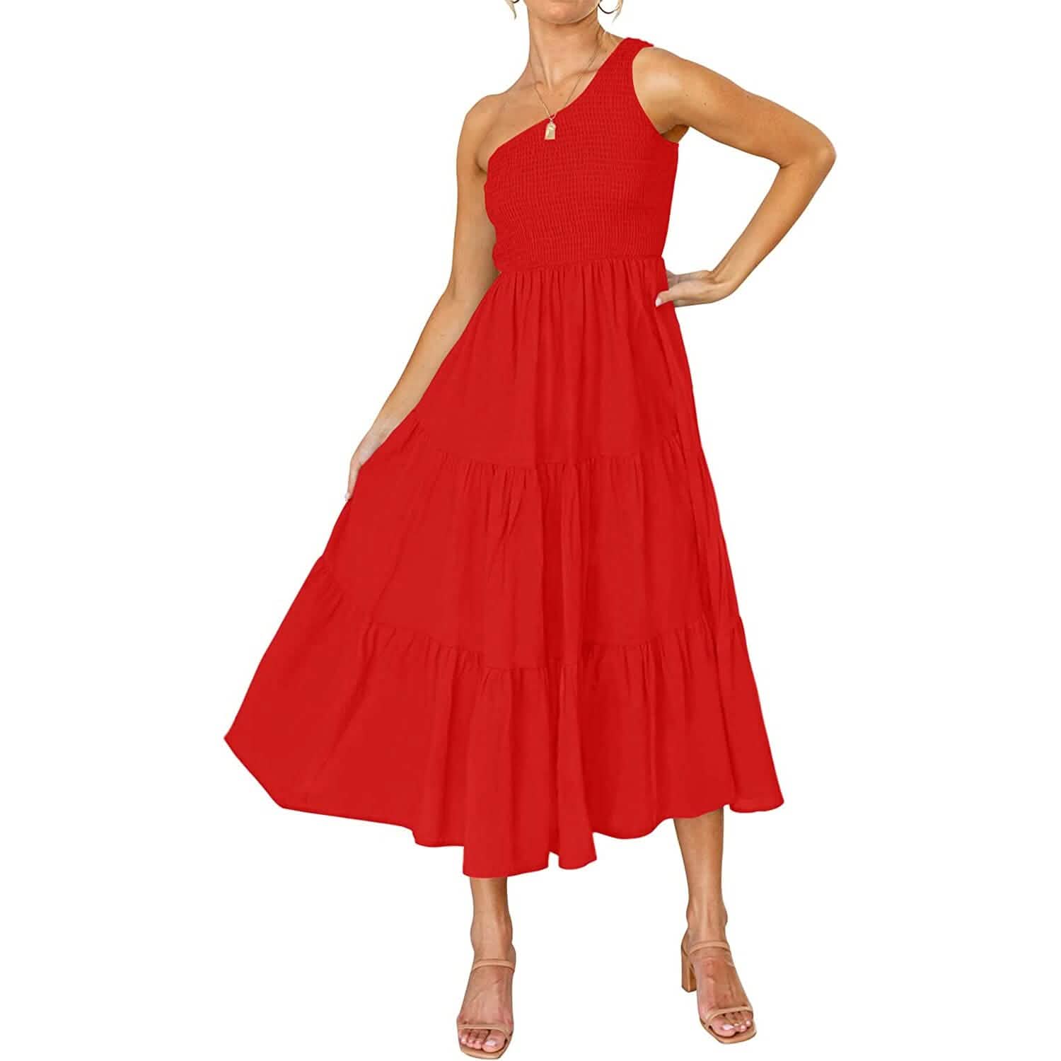 Womens One Shoulder Sleeveless Smocked Ruffle Tiered Beach Long Midi Dress DailySale