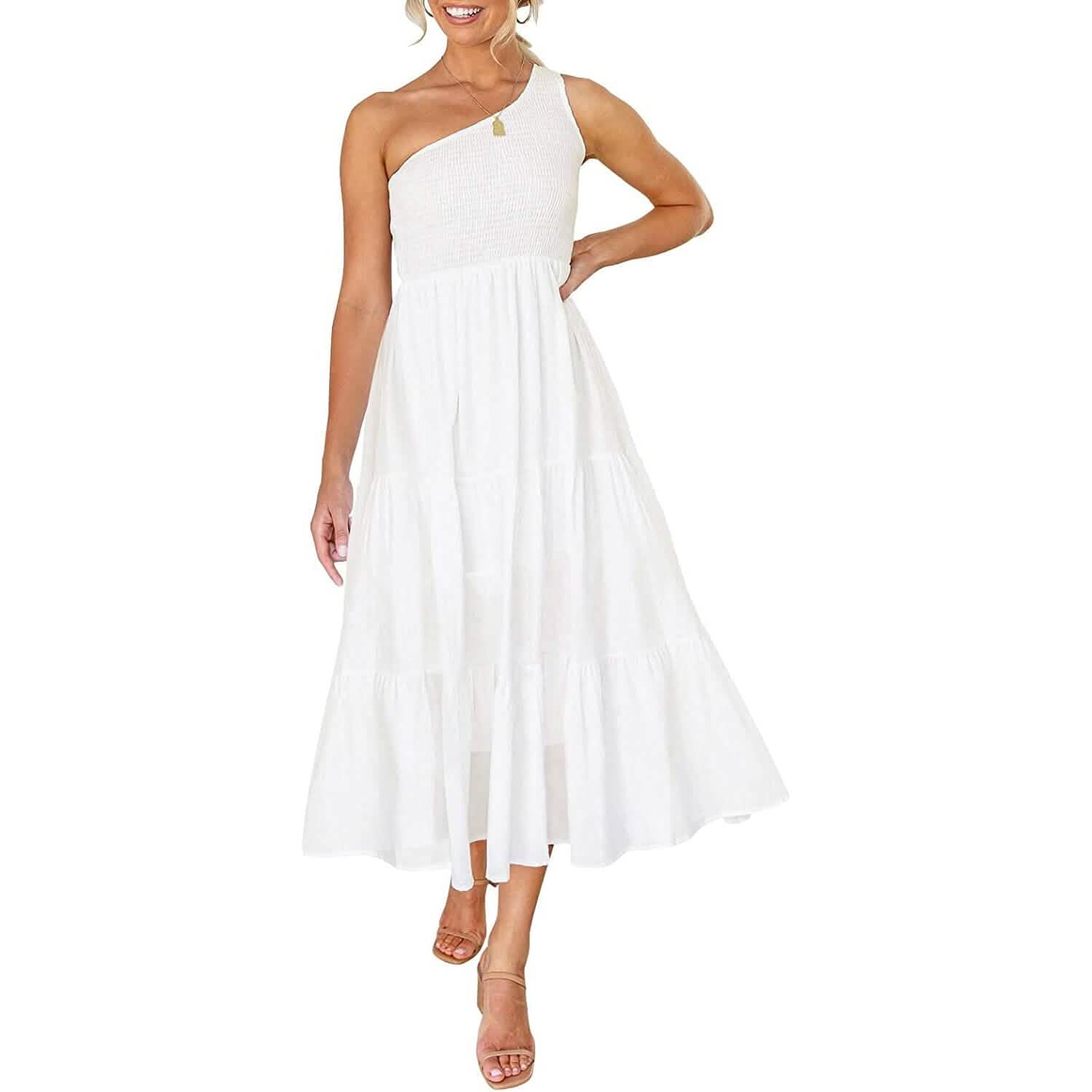 Womens One Shoulder Sleeveless Smocked Ruffle Tiered Beach Long Midi Dress DailySale