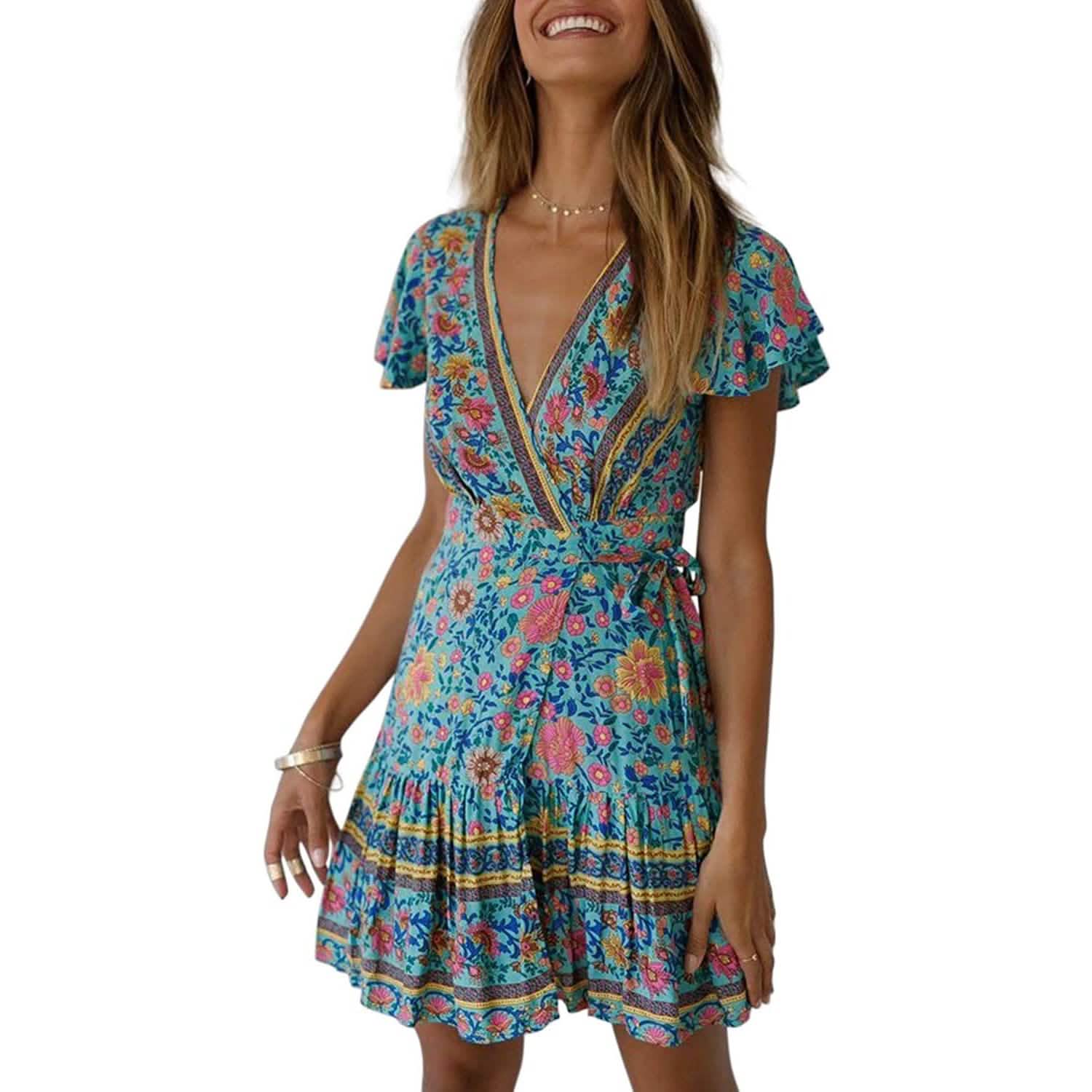 Women's Summer Wrap V Neck Bohemian Floral Print Mini Dress DailySale