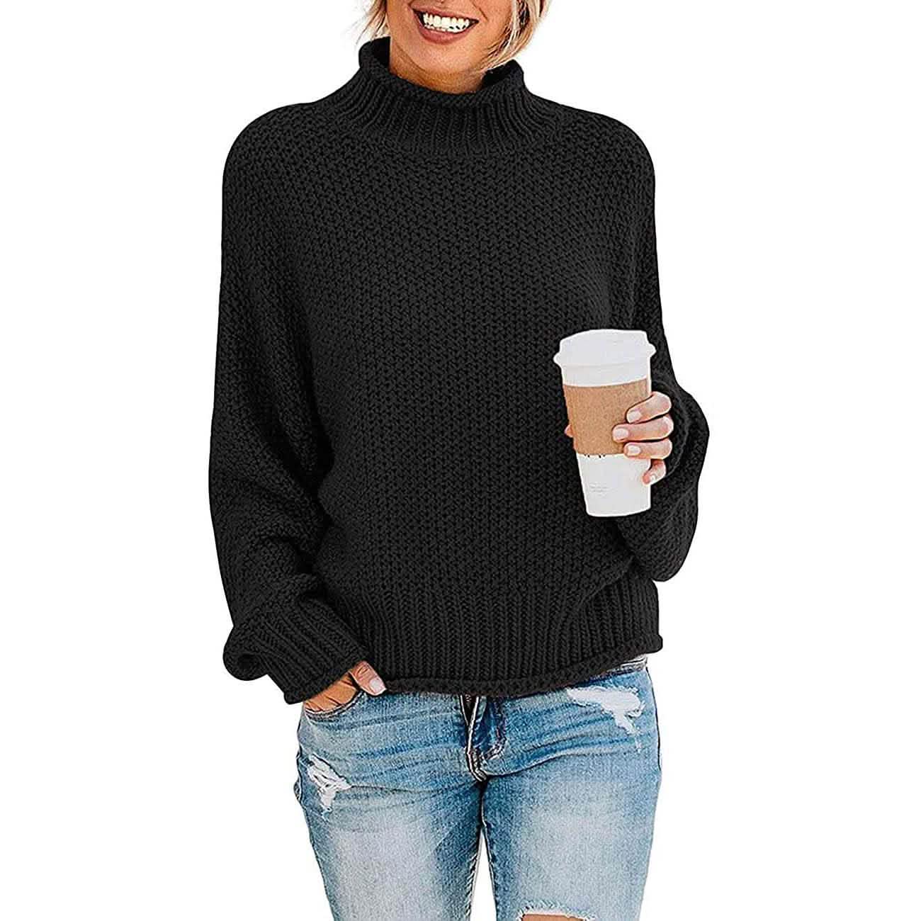 Women's Turtleneck Batwing Sleeve Loose Oversized Chunky Knitted Pullover Sweater Jumper Tops DailySale