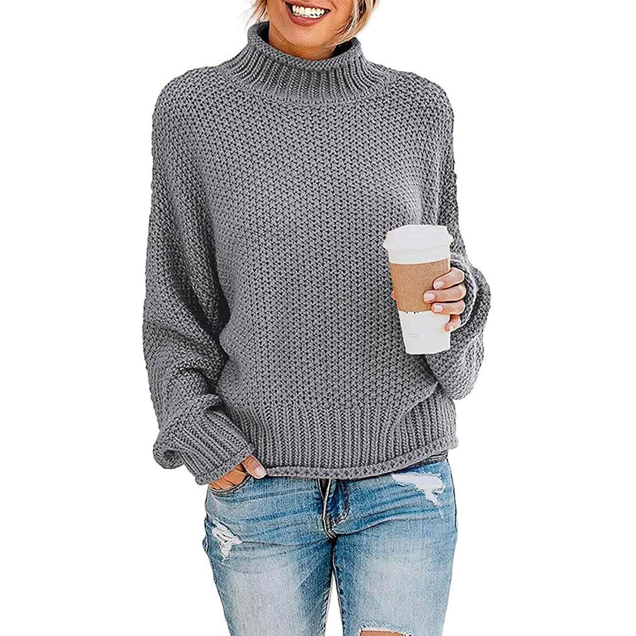 Women's Turtleneck Batwing Sleeve Loose Oversized Chunky Knitted Pullover Sweater Jumper Tops DailySale