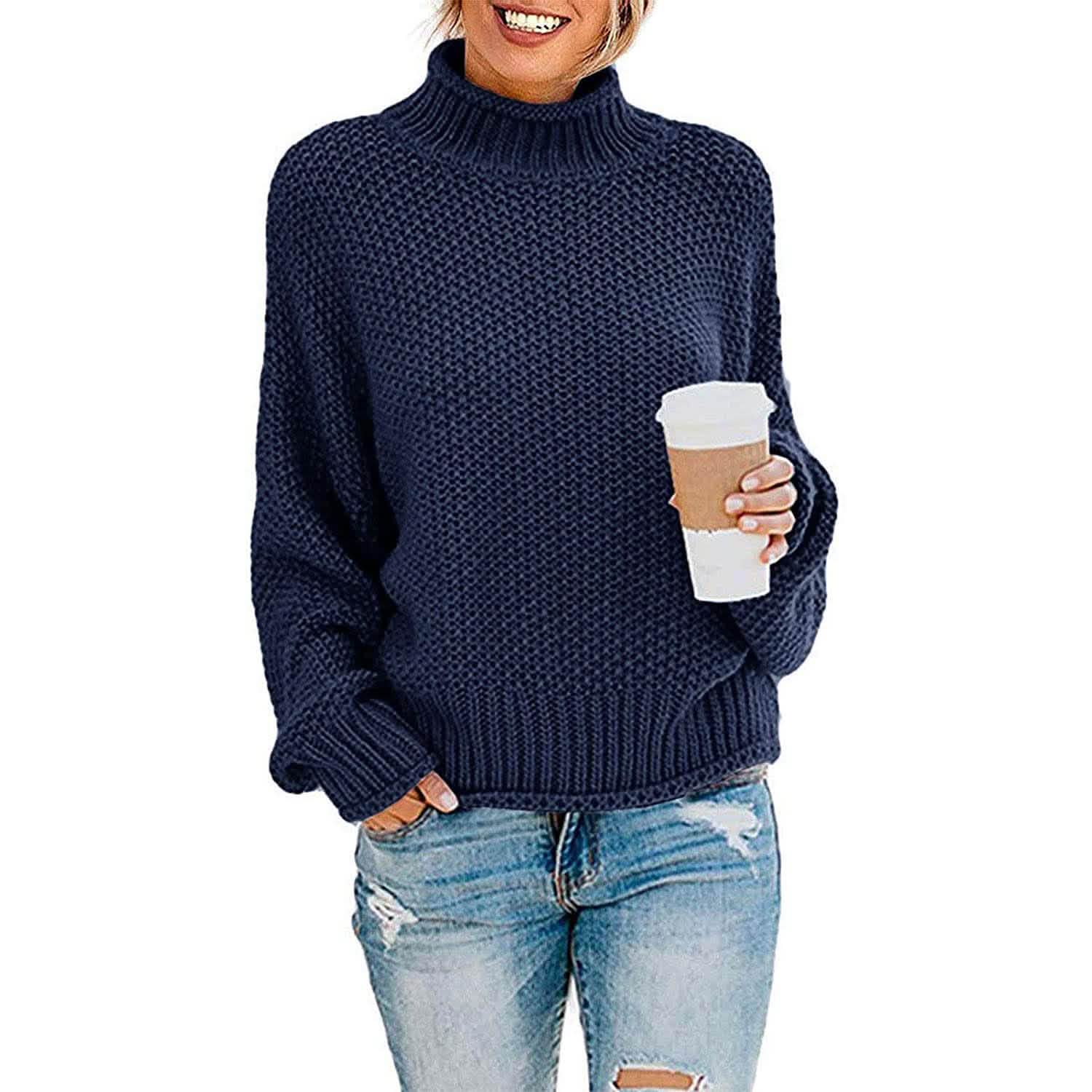 Women's Turtleneck Batwing Sleeve Loose Oversized Chunky Knitted Pullover Sweater Jumper Tops DailySale