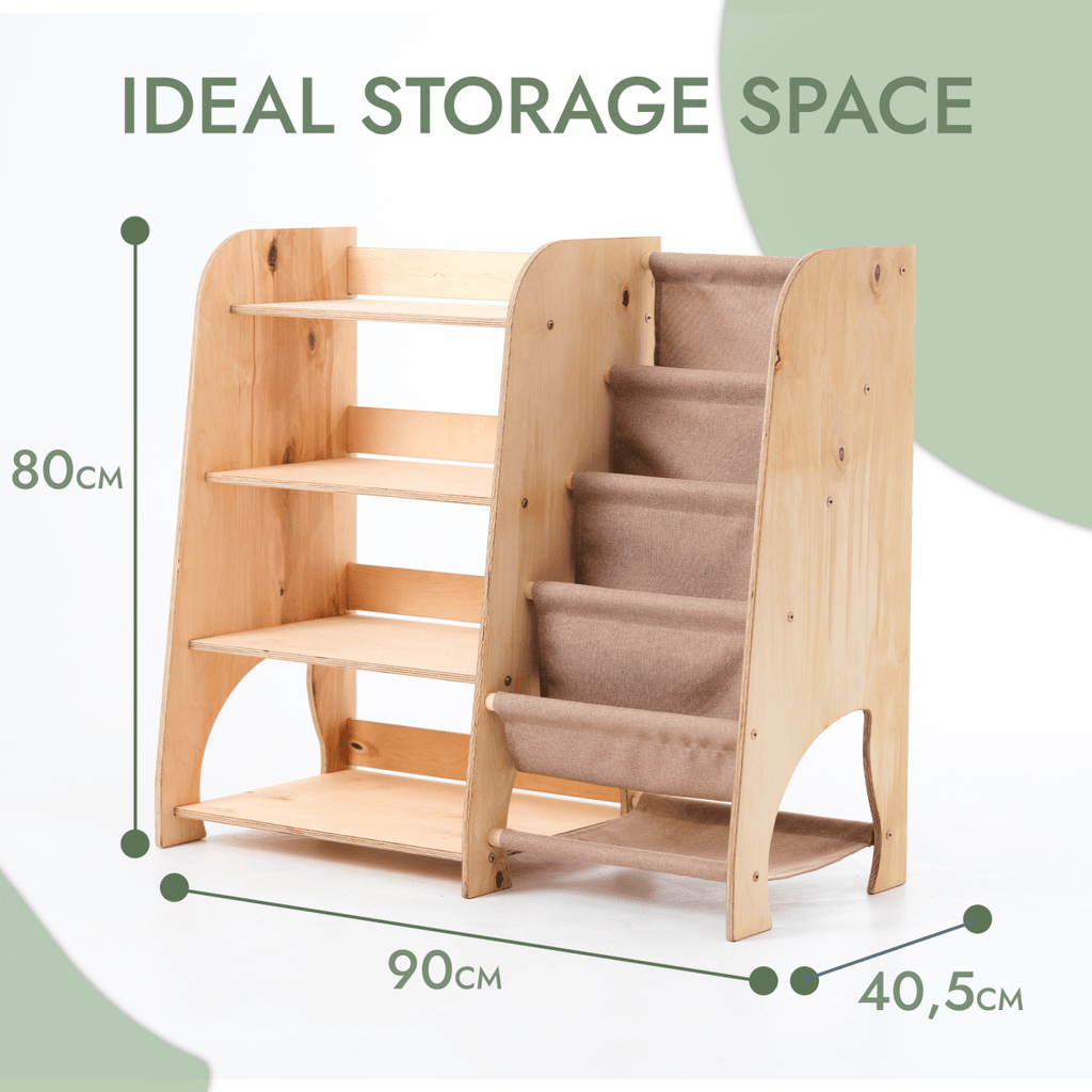 Wooden Montessori Shelves for Toddler 2in1: Bookshelf & Toy Shelving Goodevas