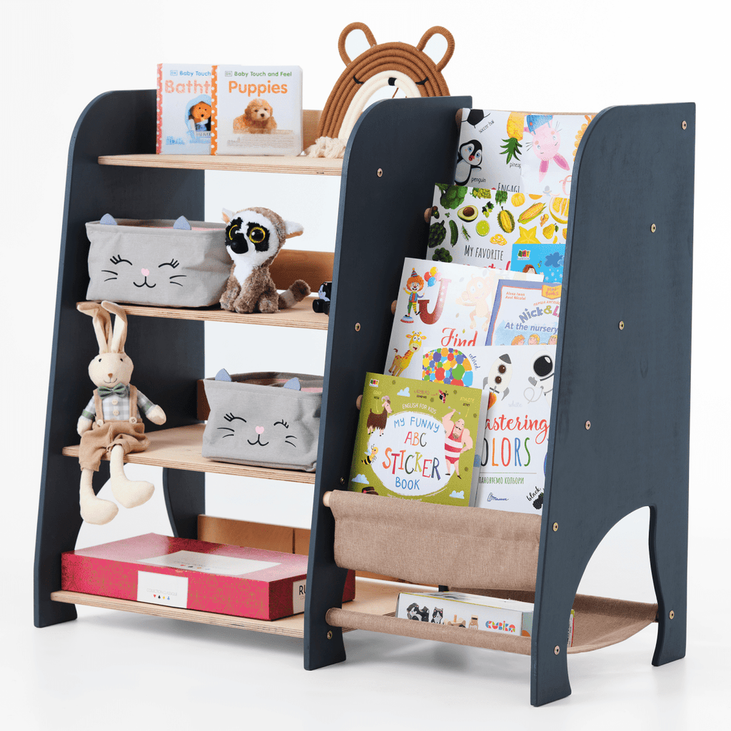 Wooden Montessori Shelves for Toddler 2in1: Bookshelf & Toy Shelving Goodevas
