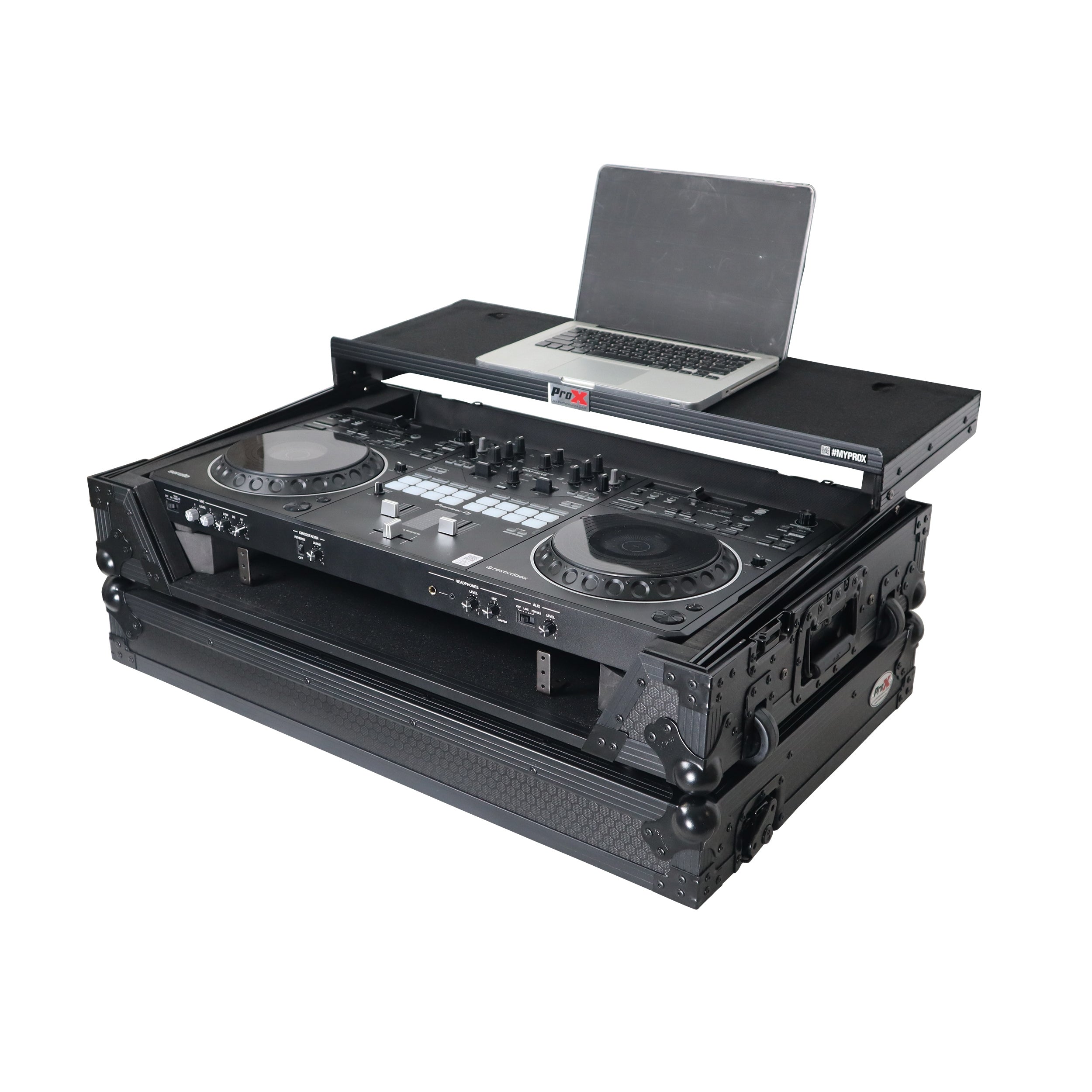 ProX XS-DDJREV5WLTBLLED - ATA Flight Style Road Case For Pioneer DDJ-REV5 DJ Controller with Laptop Shelf 1U Rack Space Wheels and LED Black Finish