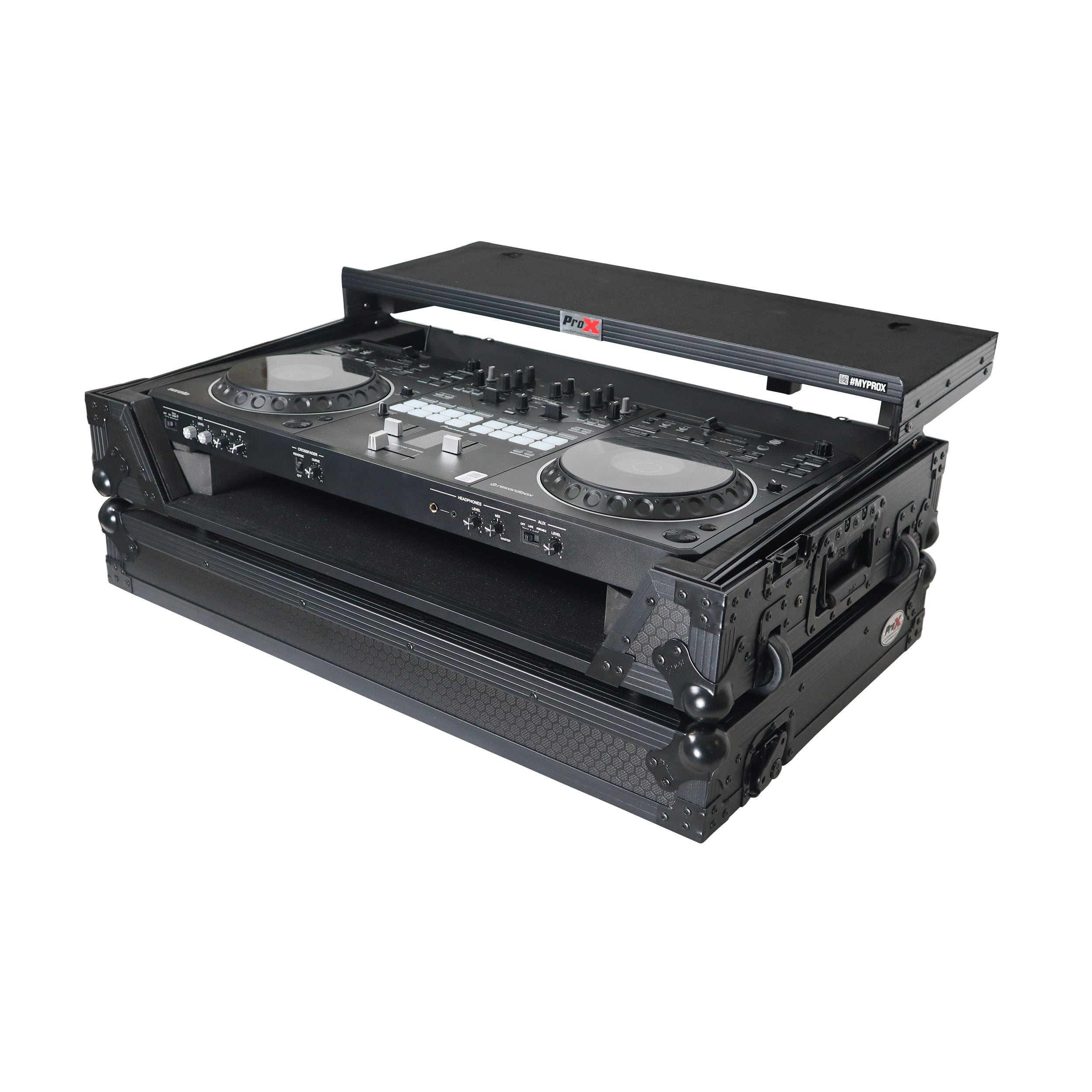 ProX XS-DDJREV5WLTBLLED - ATA Flight Style Road Case For Pioneer DDJ-REV5 DJ Controller with Laptop Shelf 1U Rack Space Wheels and LED Black Finish