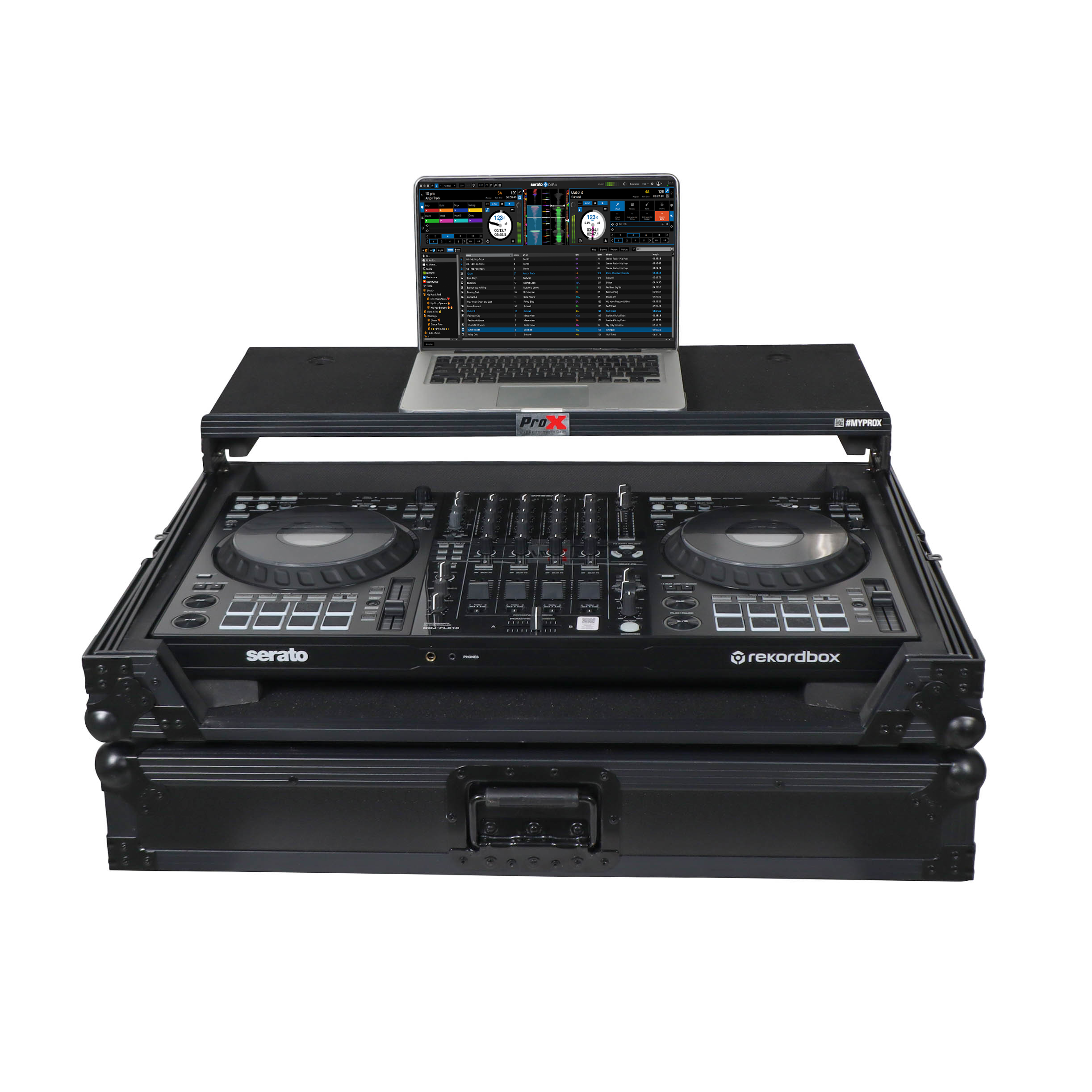 ProX XS-FLX10LTBL - Pioneer DDJ-FLX10 or DDJ-GRV6 with Sliding Laptop Shelf ATA Flight Style Road Case Black Finish Slim Case The DJ Hookup