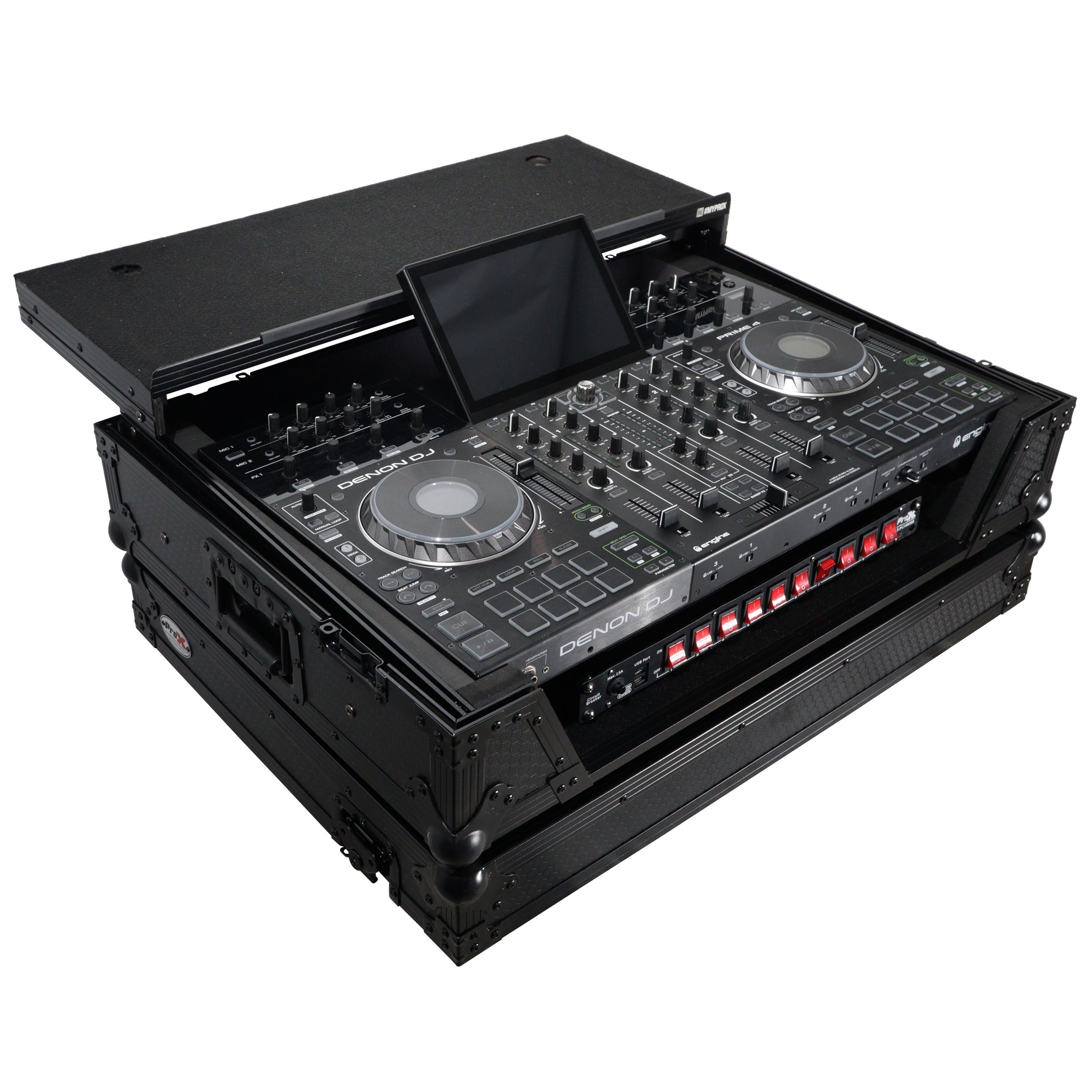 ProX XS-PRIME4WLTBL - ATA Flight Case For Denon PRIME 4 DJ Controller with Laptop Shelf 1U Rack Space and Wheels - Black