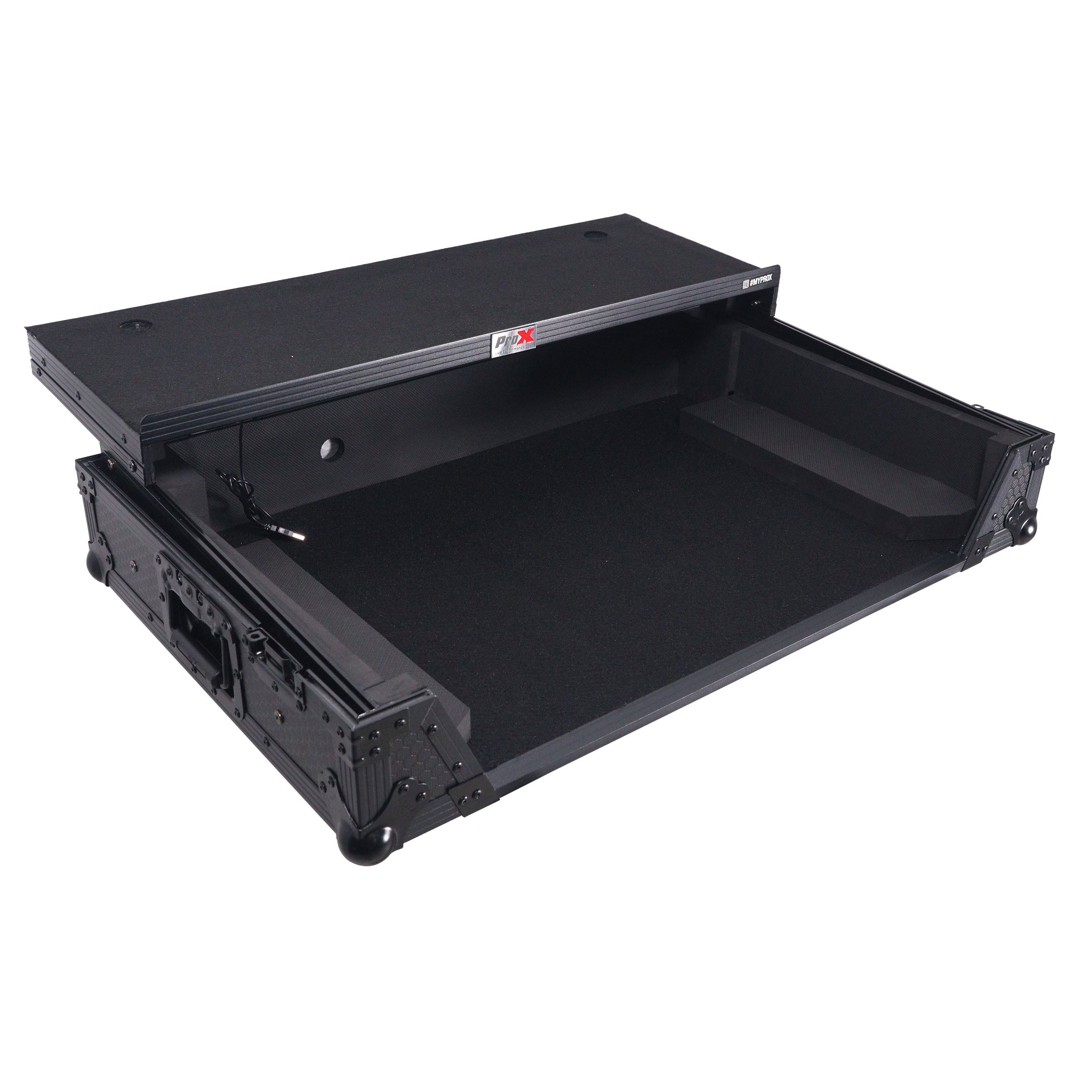 ProX XS-RANEFOURWLTBLLED - ATA Flight Style Road Case For RANE Four or RANE Performer DJ Controller with Laptop Shelf 1U Rack Space LED and Wheels - Black