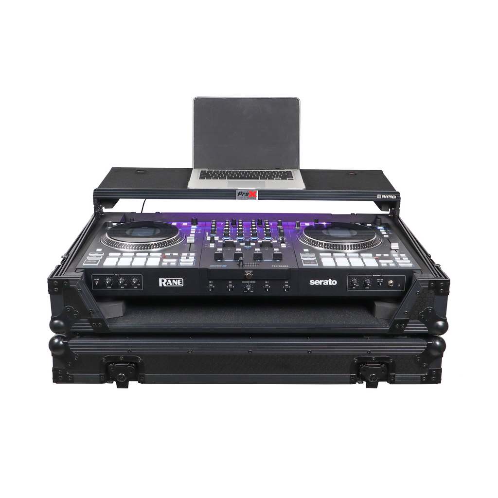 ProX XS-RANEFOURWLTBLLED - ATA Flight Style Road Case For RANE Four or RANE Performer DJ Controller with Laptop Shelf 1U Rack Space LED and Wheels - Black