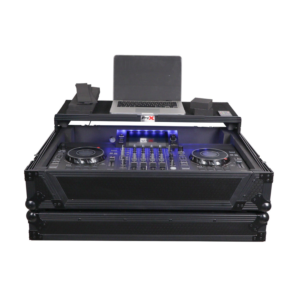 ProX XS-SCLIVE4WLTBLLED - ATA Flight Style Road Case For Denon SC Live 4 Controller with Laptop Shelf 1U Rack Space RGB LED Black Finish