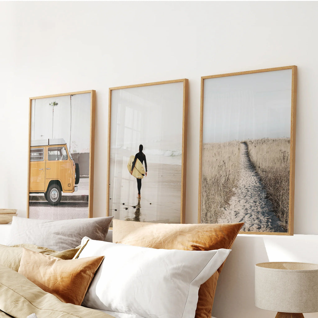 California Beach Set of 3 Prints. Surfer, Retro Van Decor